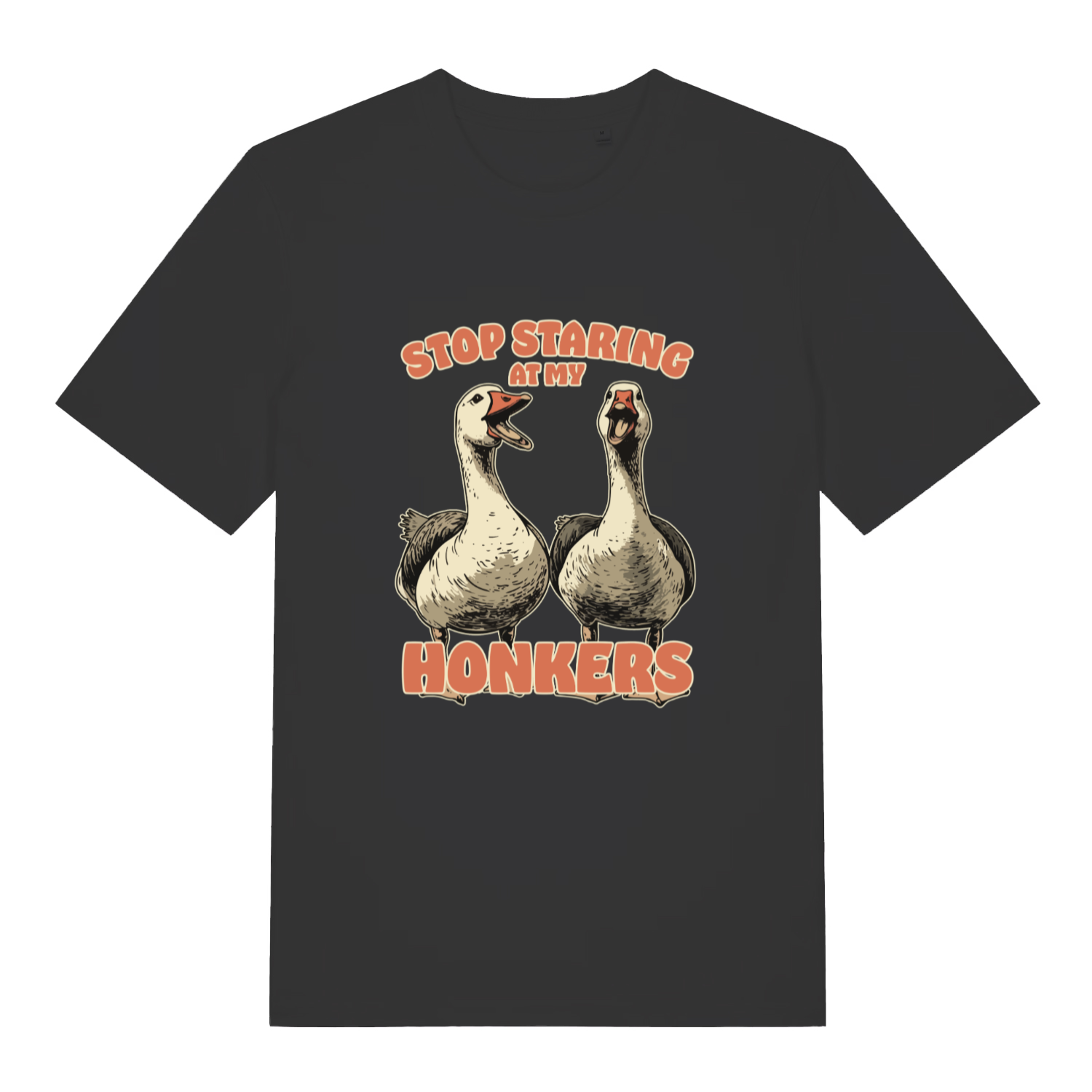 black women's funny animal t-shirt with the graphic of two geese and the slogan 'stop staring at my honkers'