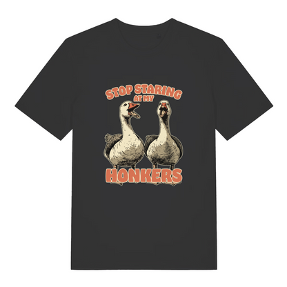 black women's funny animal t-shirt with the graphic of two geese and the slogan 'stop staring at my honkers'