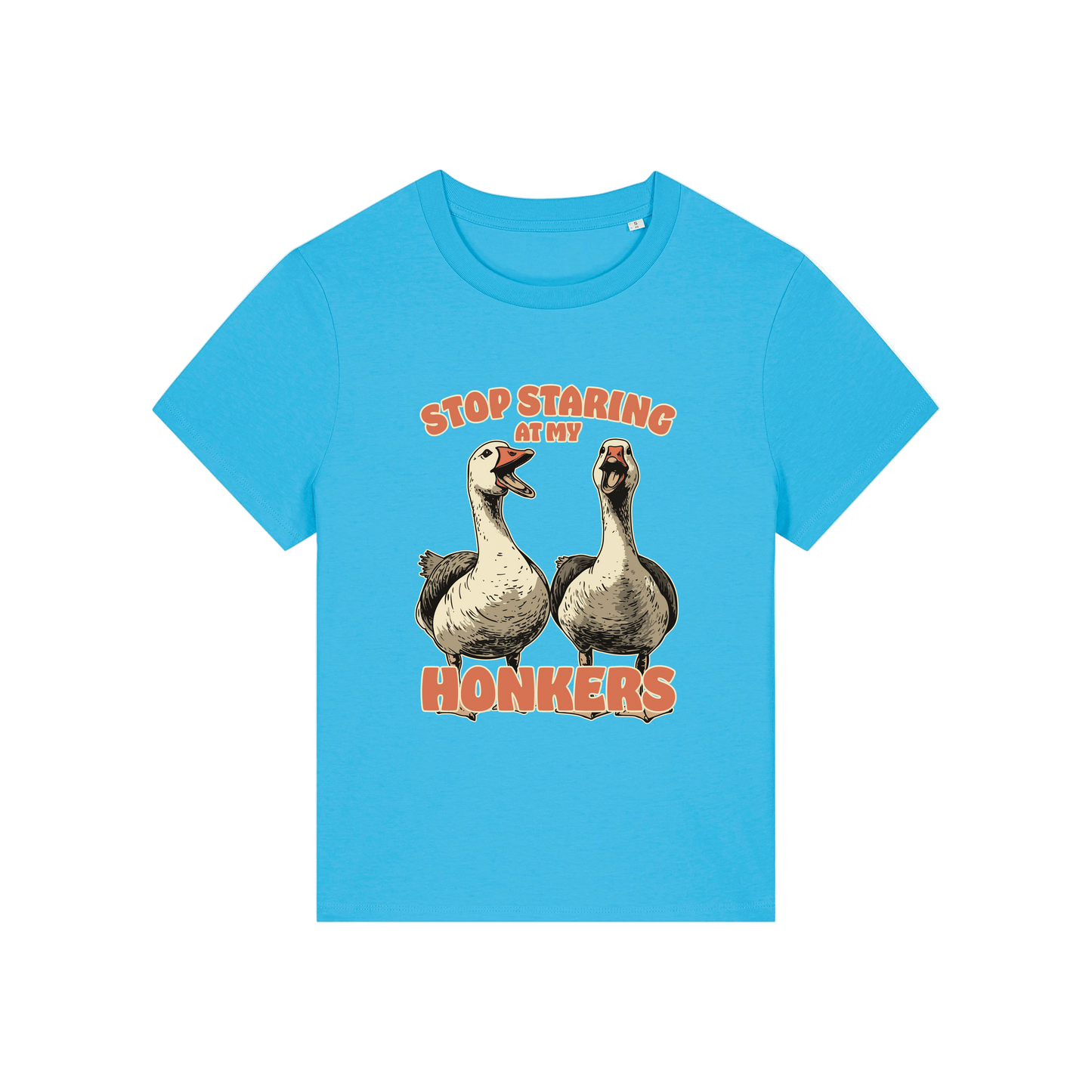 blue graphic t-shirt with the graphic of two geese and the slogan 'stop staring at my honkers'