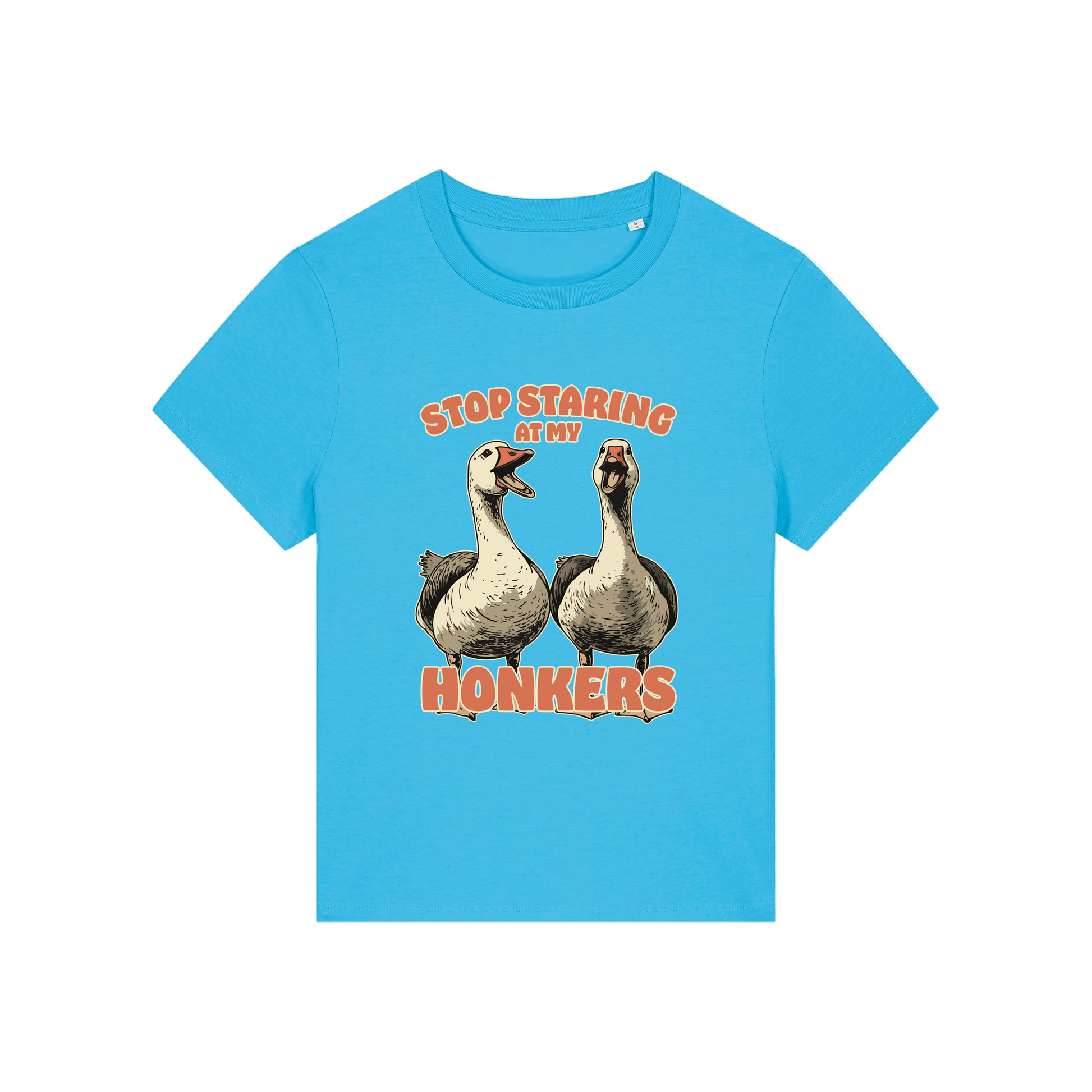 blue graphic t-shirt with the graphic of two geese and the slogan 'stop staring at my honkers'