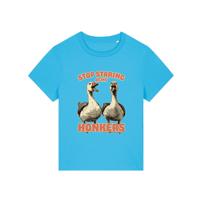 blue graphic t-shirt with the graphic of two geese and the slogan 'stop staring at my honkers'