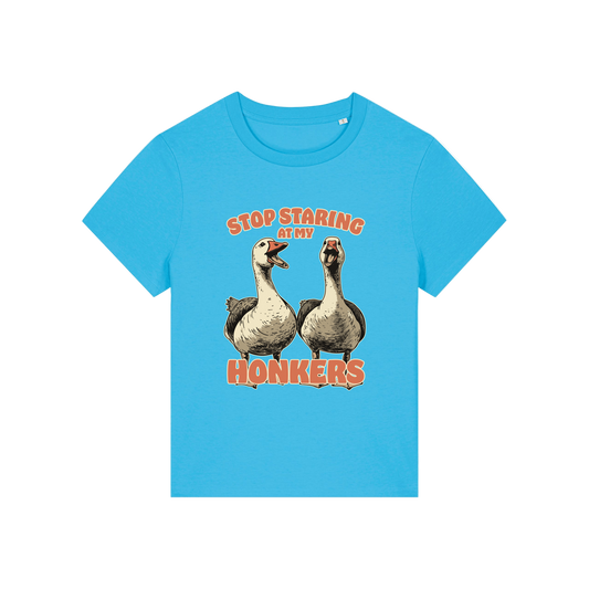 blue graphic t-shirt with the graphic of two geese and the slogan 'stop staring at my honkers'