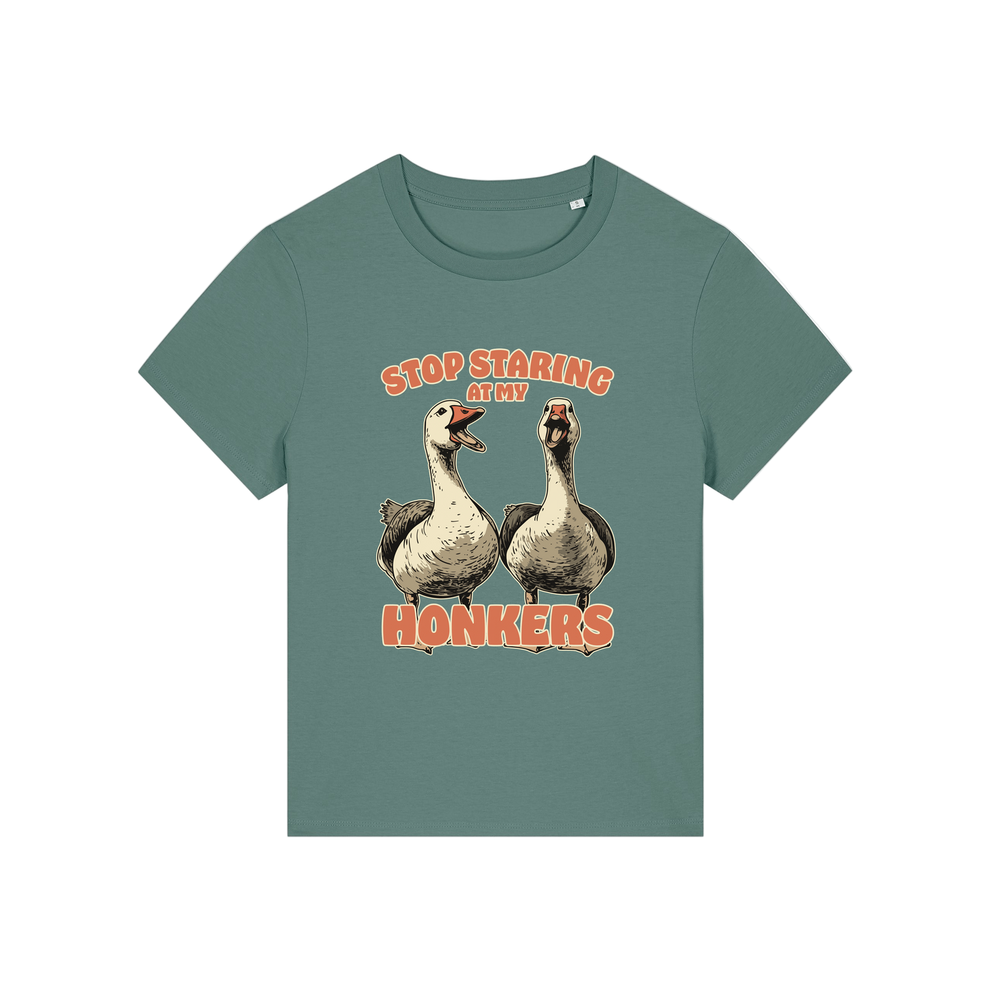 green graphic t-shirt with the graphic of two geese and the slogan 'stop staring at my honkers'