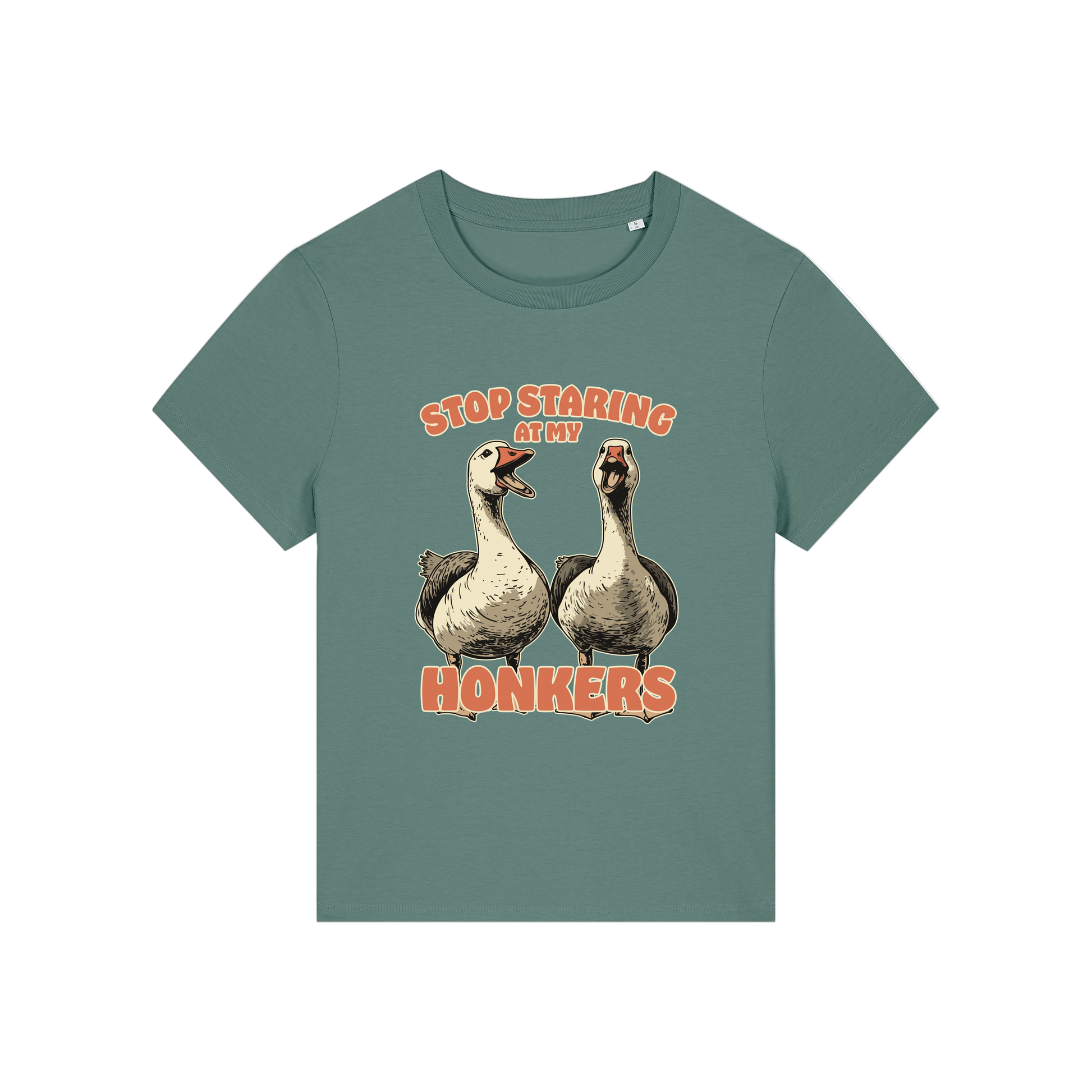 green graphic t-shirt with the graphic of two geese and the slogan 'stop staring at my honkers'