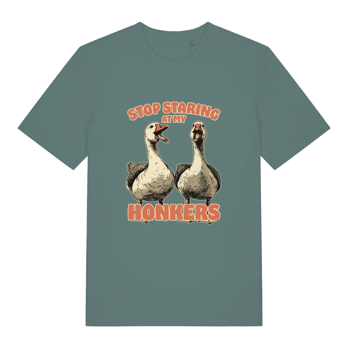 green women's funny animal t-shirt with the graphic of two geese and the slogan 'stop staring at my honkers'