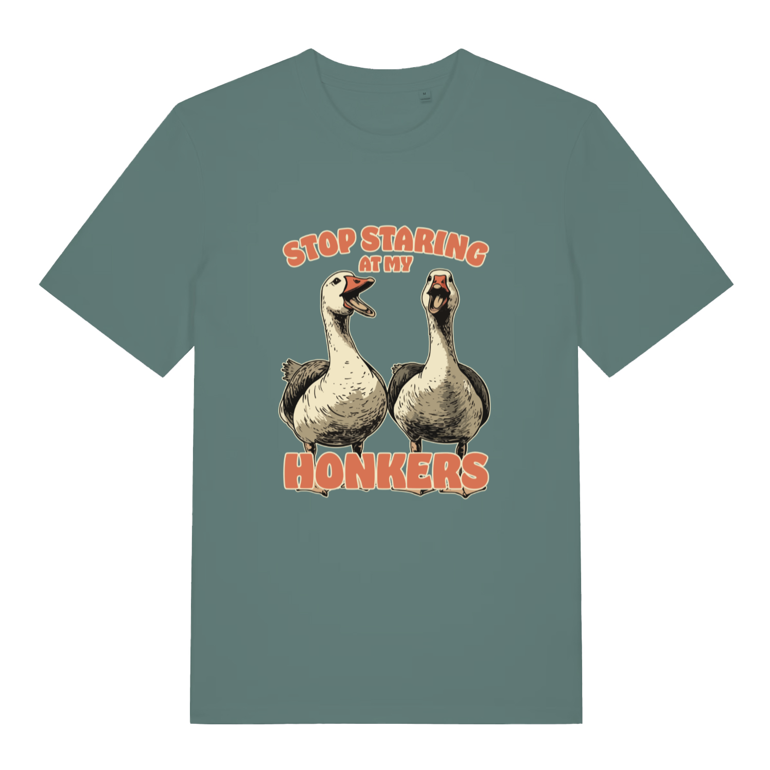 green women's funny animal t-shirt with the graphic of two geese and the slogan 'stop staring at my honkers'