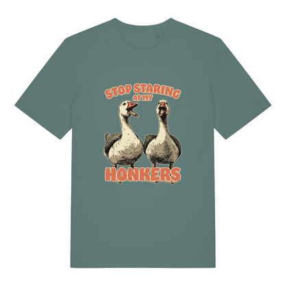 green women's funny animal t-shirt with the graphic of two geese and the slogan 'stop staring at my honkers'