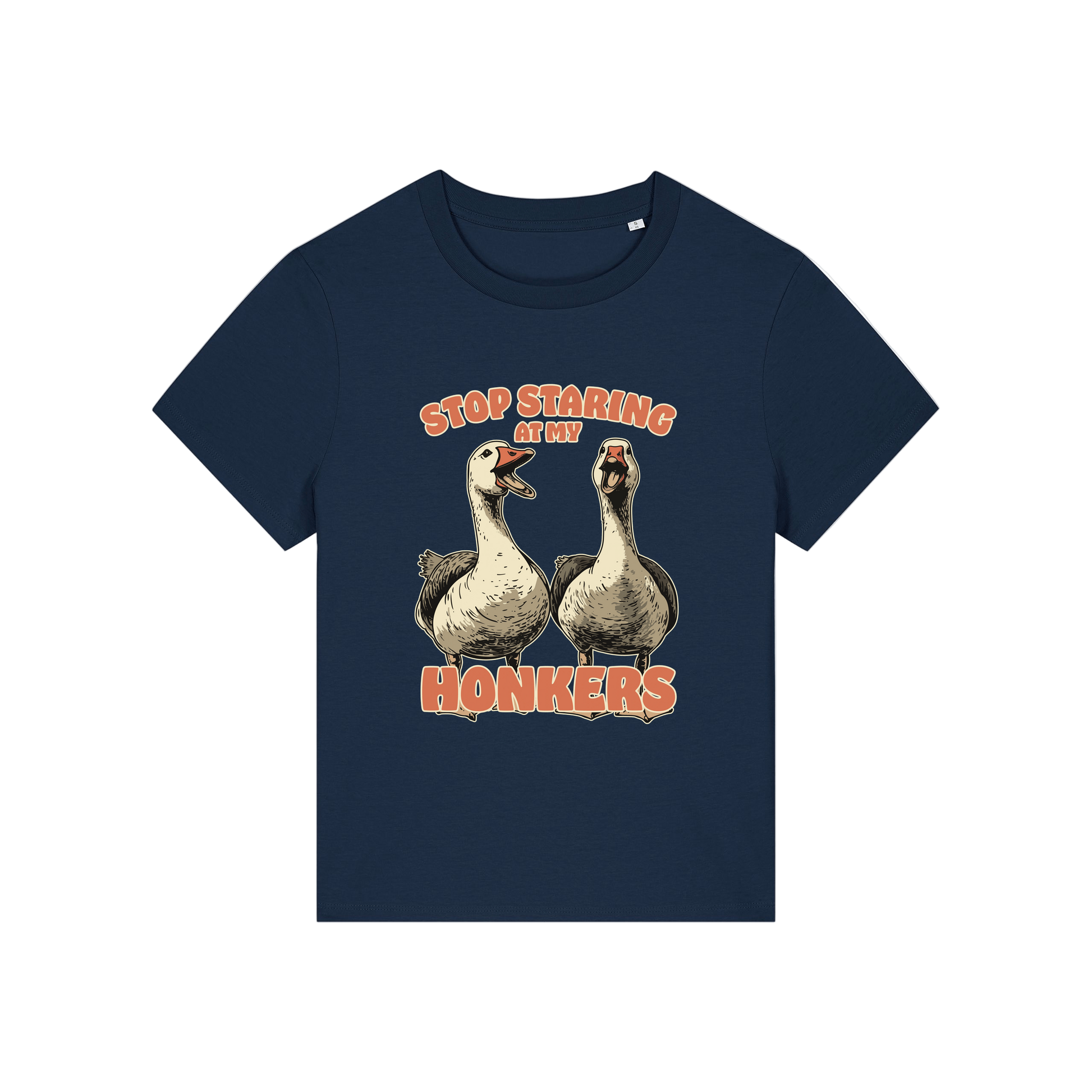 navy graphic t-shirt with the graphic of two geese and the slogan 'stop staring at my honkers'