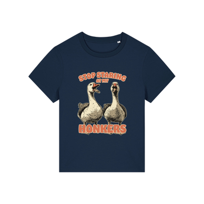 navy graphic t-shirt with the graphic of two geese and the slogan 'stop staring at my honkers'