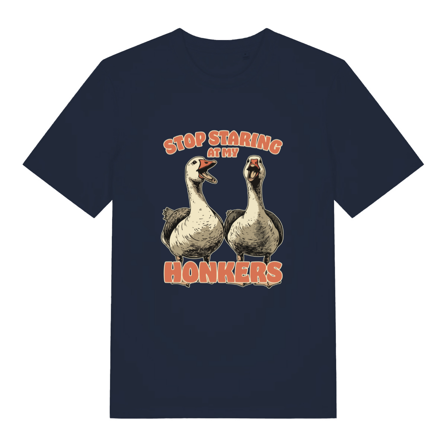 navy women's funny animal t-shirt with the graphic of two geese and the slogan 'stop staring at my honkers'