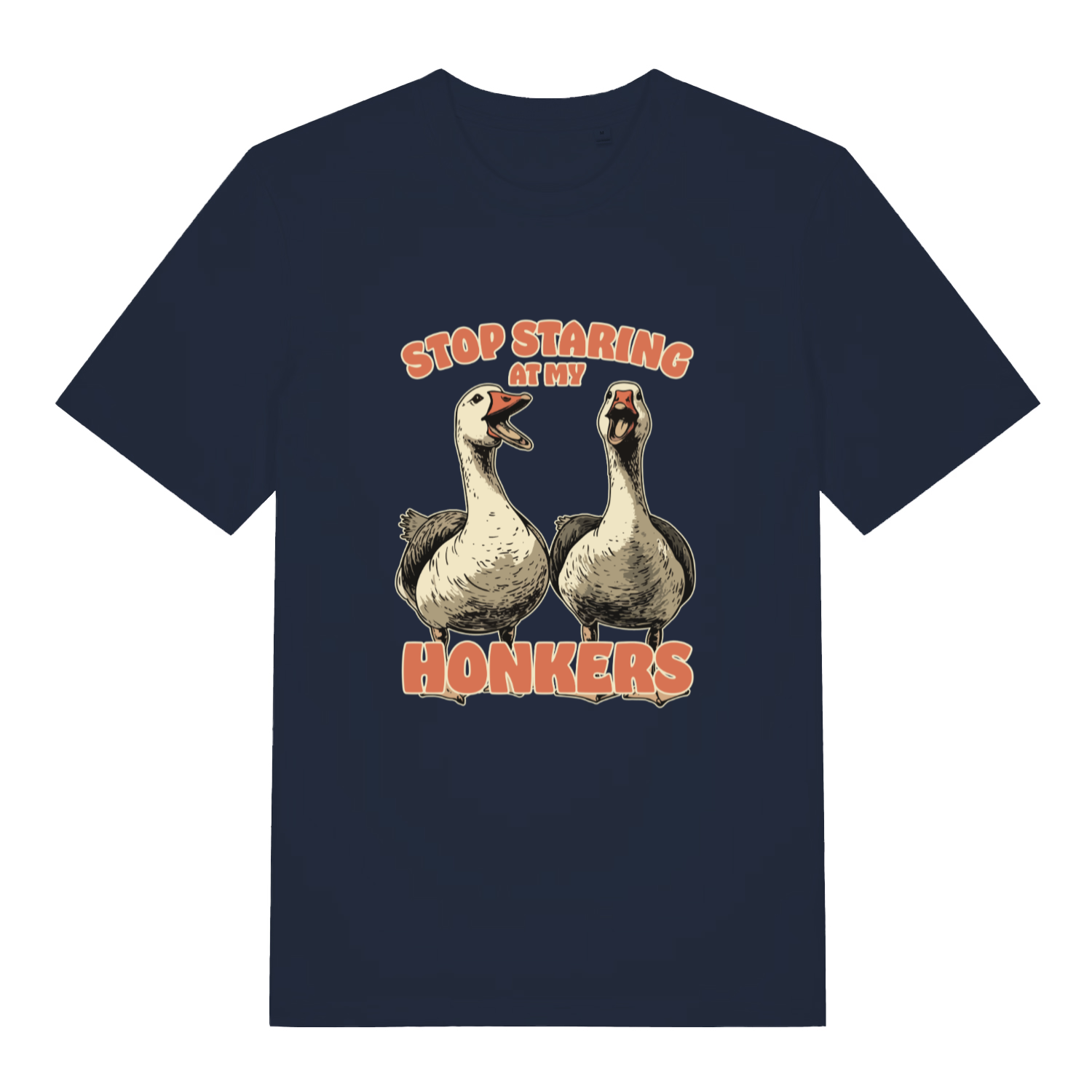 navy women's funny animal t-shirt with the graphic of two geese and the slogan 'stop staring at my honkers'