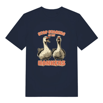 navy women's funny animal t-shirt with the graphic of two geese and the slogan 'stop staring at my honkers'