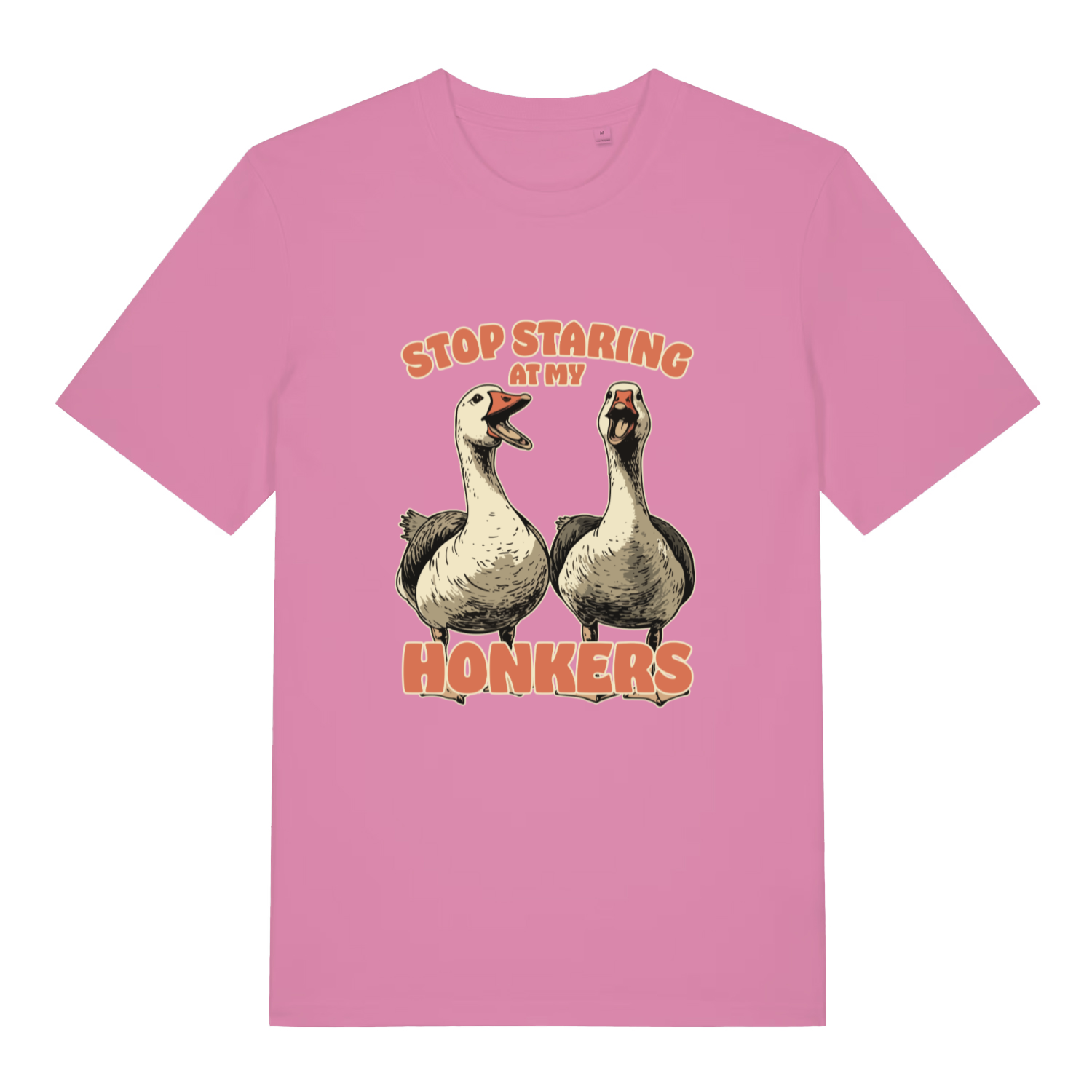pink women's funny animal t-shirt with the graphic of two geese and the slogan 'stop staring at my honkers'