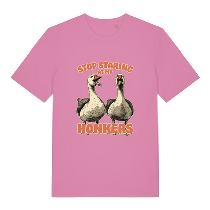 pink women's funny animal t-shirt with the graphic of two geese and the slogan 'stop staring at my honkers'