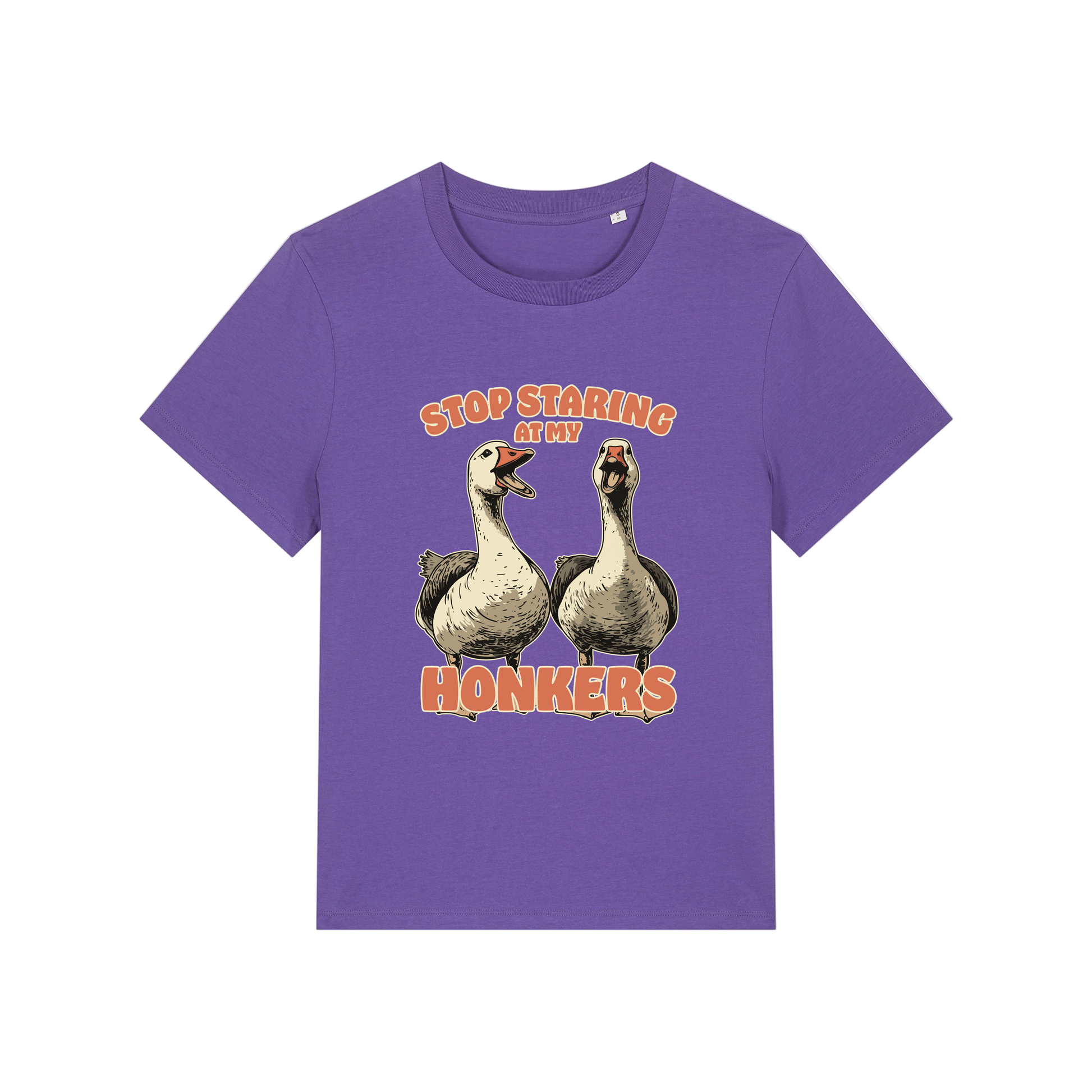 purple graphic t-shirt with the graphic of two geese and the slogan 'stop staring at my honkers'