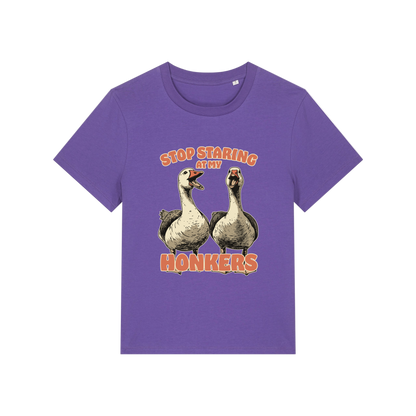 purple graphic t-shirt with the graphic of two geese and the slogan 'stop staring at my honkers'