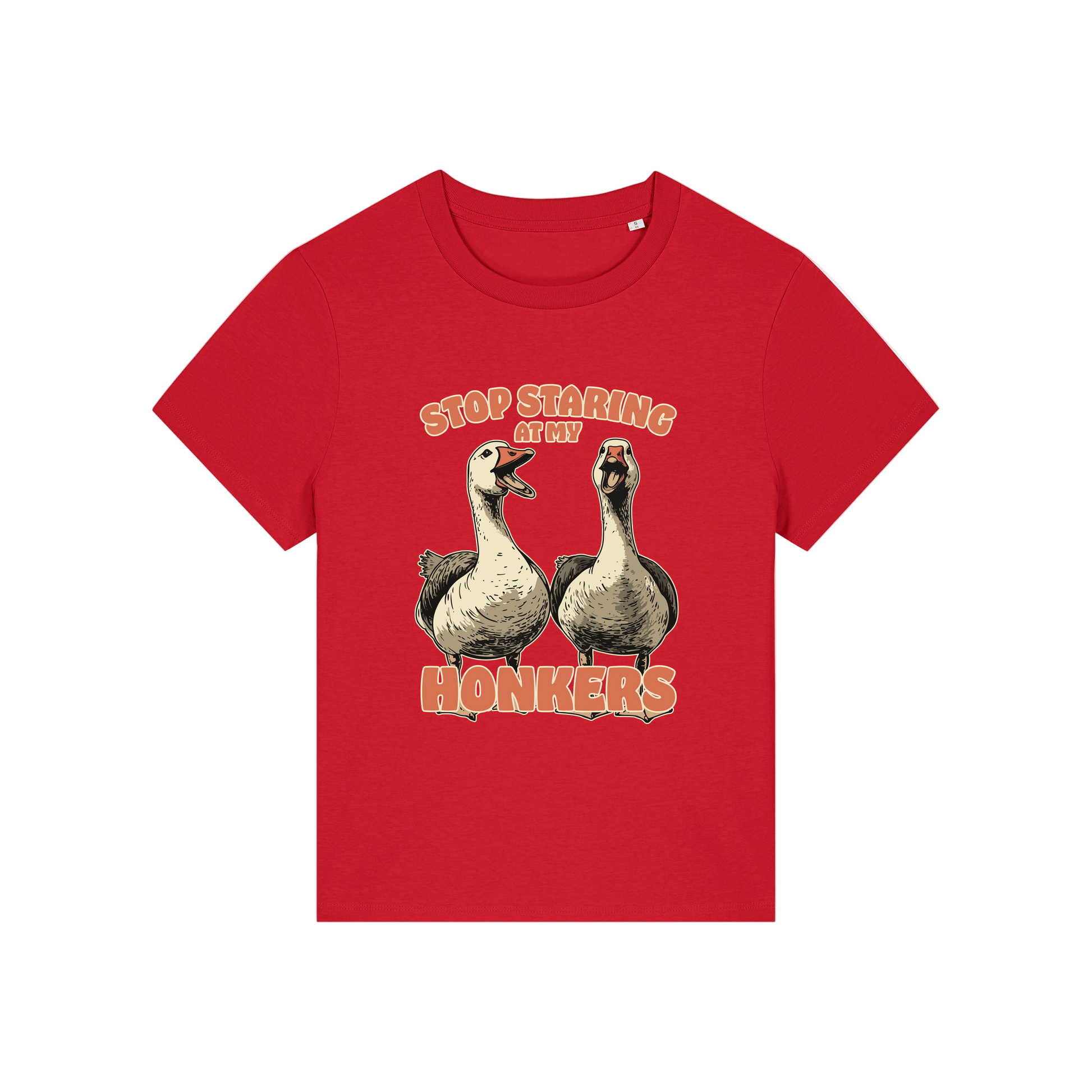 red graphic t-shirt with the graphic of two geese and the slogan 'stop staring at my honkers'