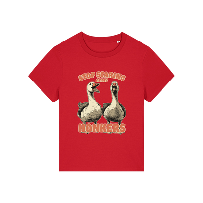 red graphic t-shirt with the graphic of two geese and the slogan 'stop staring at my honkers'