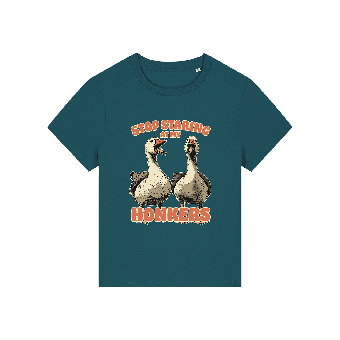 teal graphic t-shirt with the graphic of two geese and the slogan 'stop staring at my honkers'