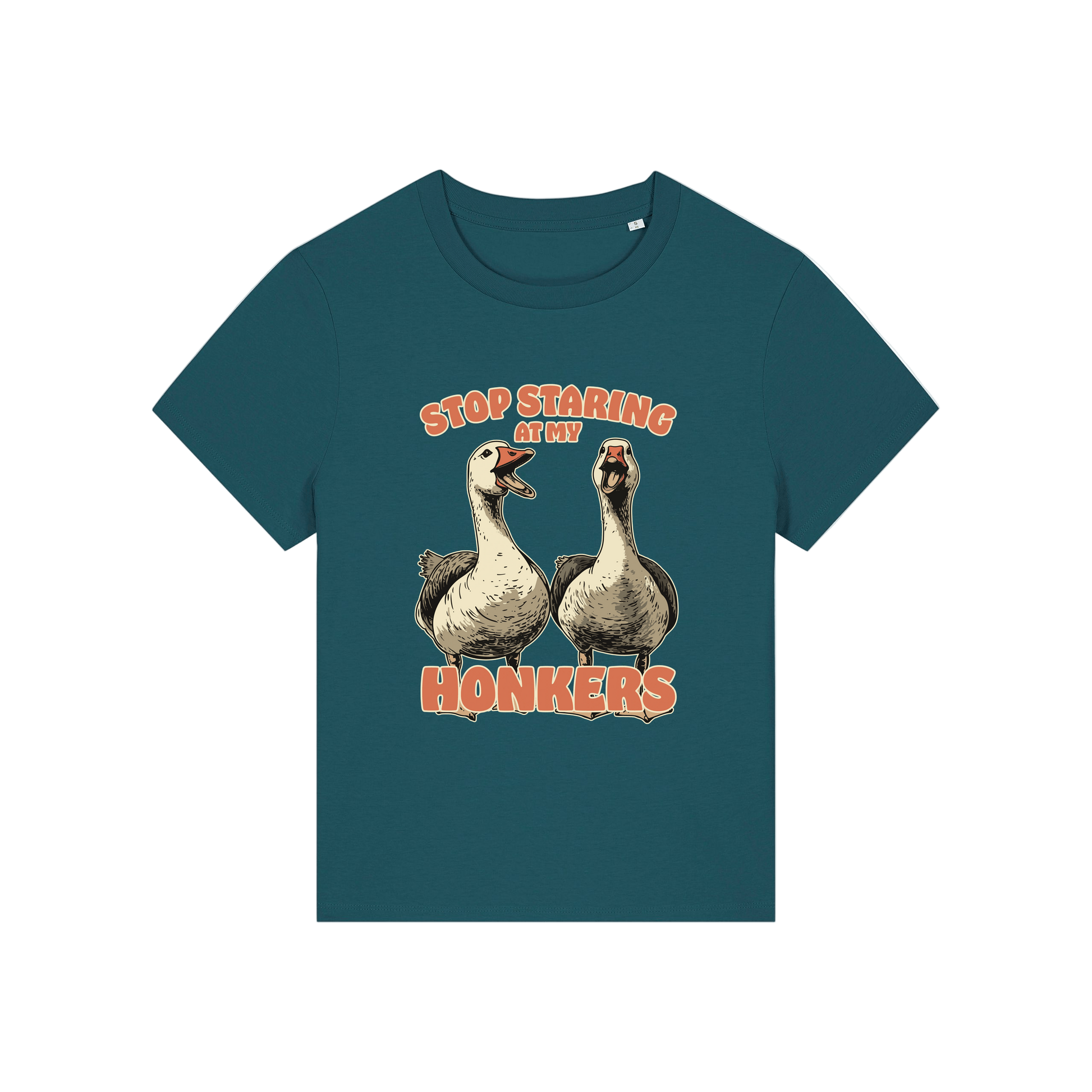 teal graphic t-shirt with the graphic of two geese and the slogan 'stop staring at my honkers'