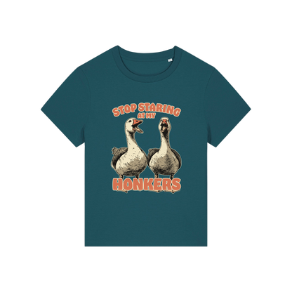 teal graphic t-shirt with the graphic of two geese and the slogan 'stop staring at my honkers'