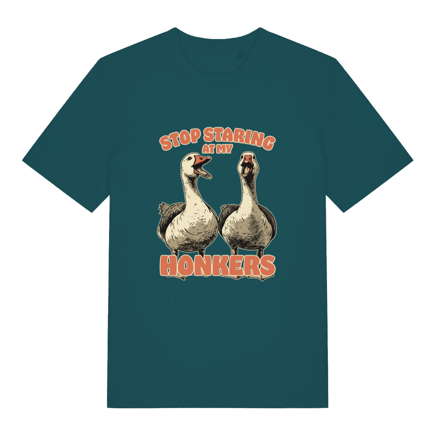 teal women's funny animal t-shirt with the graphic of two geese and the slogan 'stop staring at my honkers'