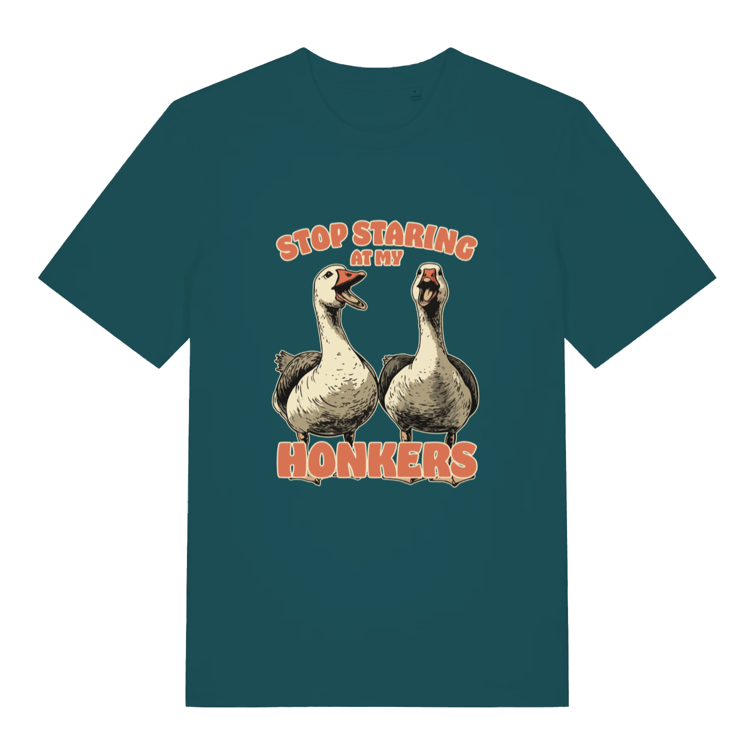 teal women's funny animal t-shirt with the graphic of two geese and the slogan 'stop staring at my honkers'