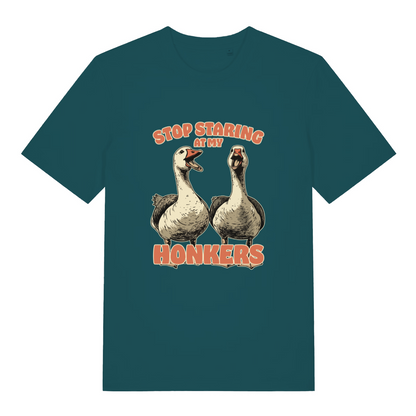 teal women's funny animal t-shirt with the graphic of two geese and the slogan 'stop staring at my honkers'