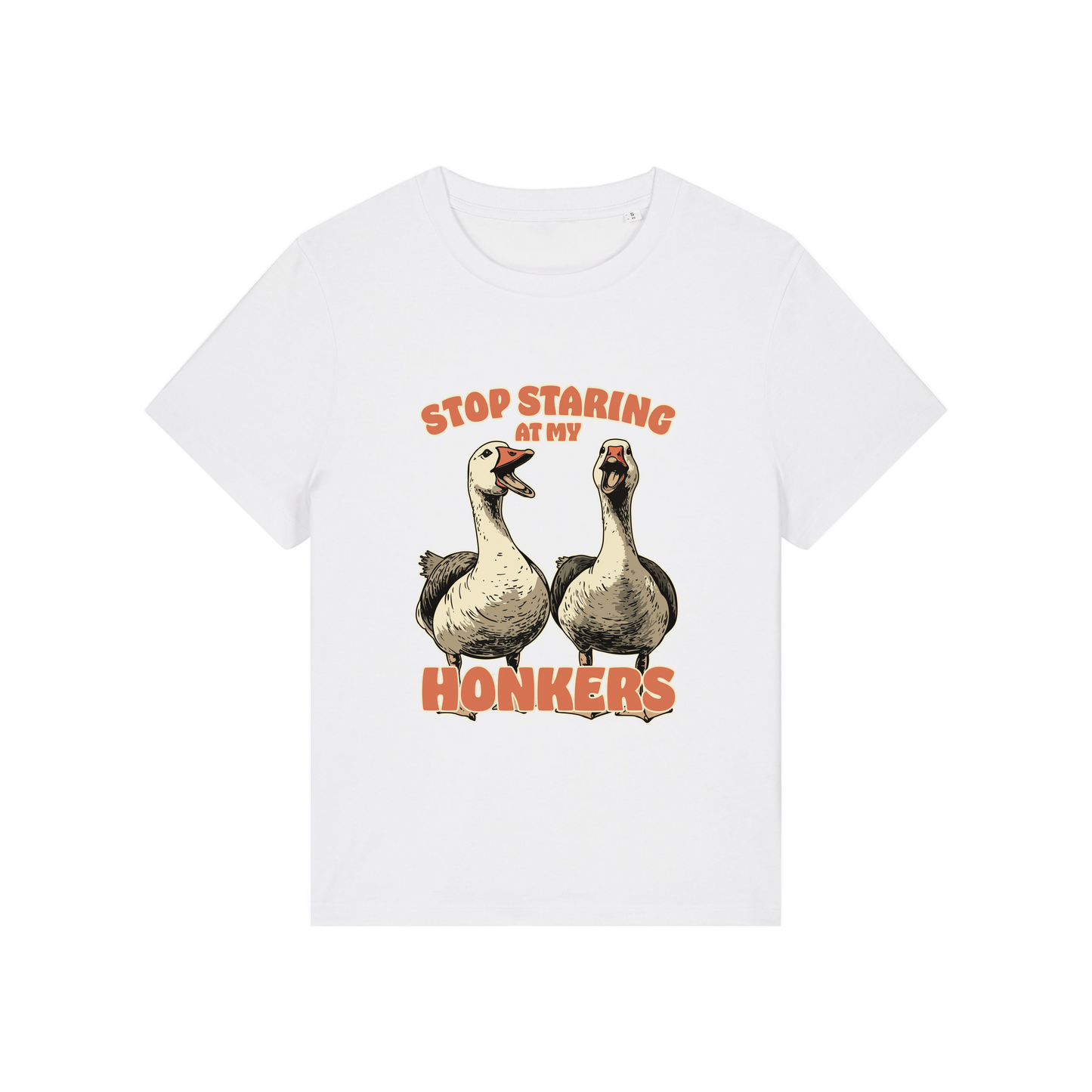 white graphic t-shirt with the graphic of two geese and the slogan 'stop staring at my honkers'