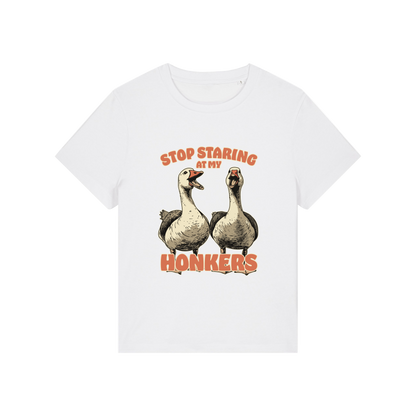 white graphic t-shirt with the graphic of two geese and the slogan 'stop staring at my honkers'