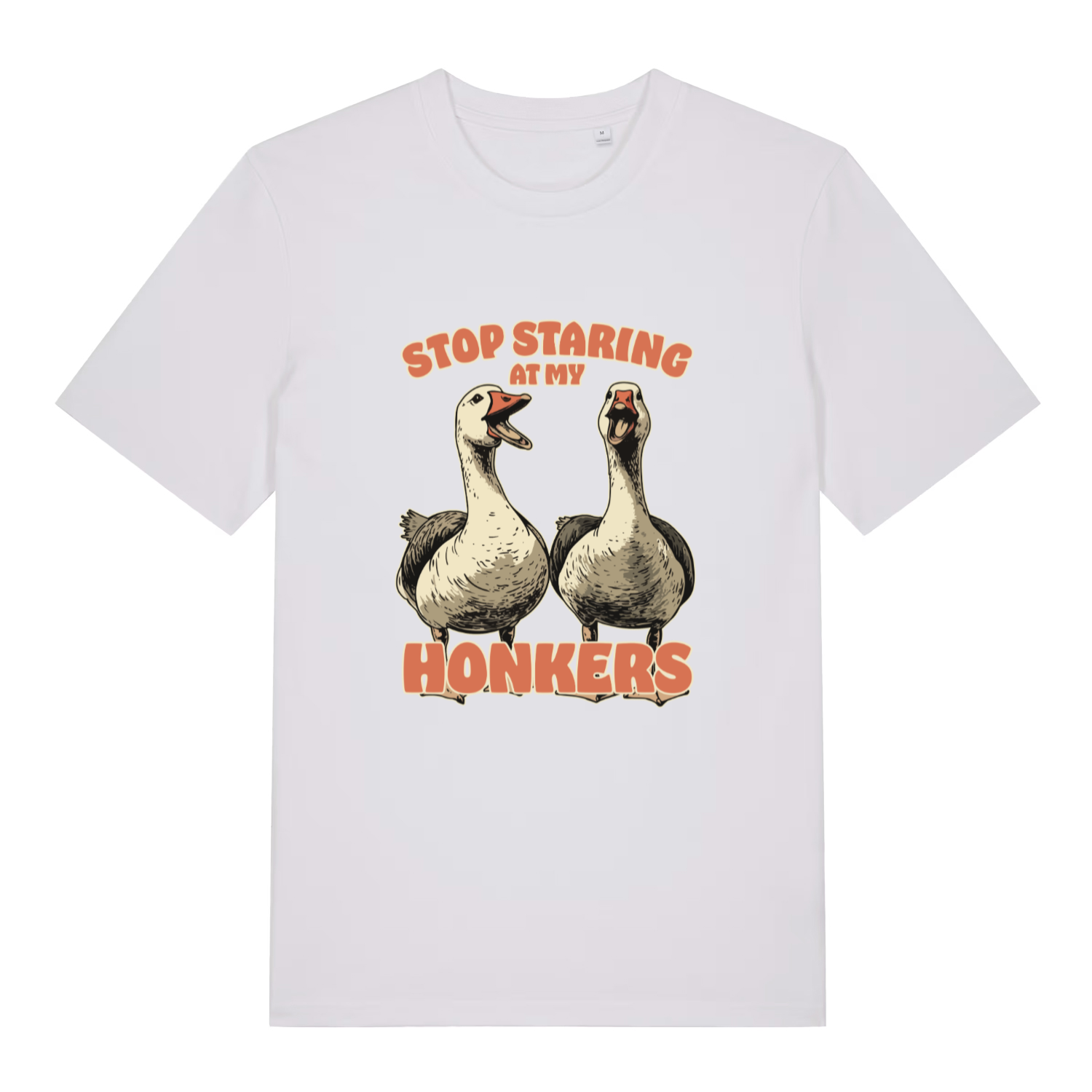 white women's funny animal t-shirt with the graphic of two geese and the slogan 'stop staring at my honkers'