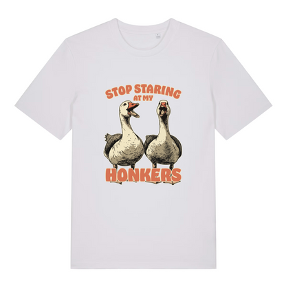 white women's funny animal t-shirt with the graphic of two geese and the slogan 'stop staring at my honkers'