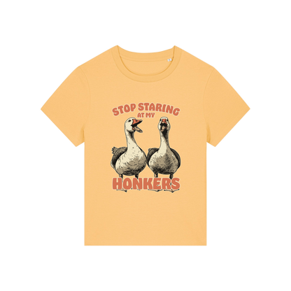 yellow graphic t-shirt with the graphic of two geese and the slogan 'stop staring at my honkers'