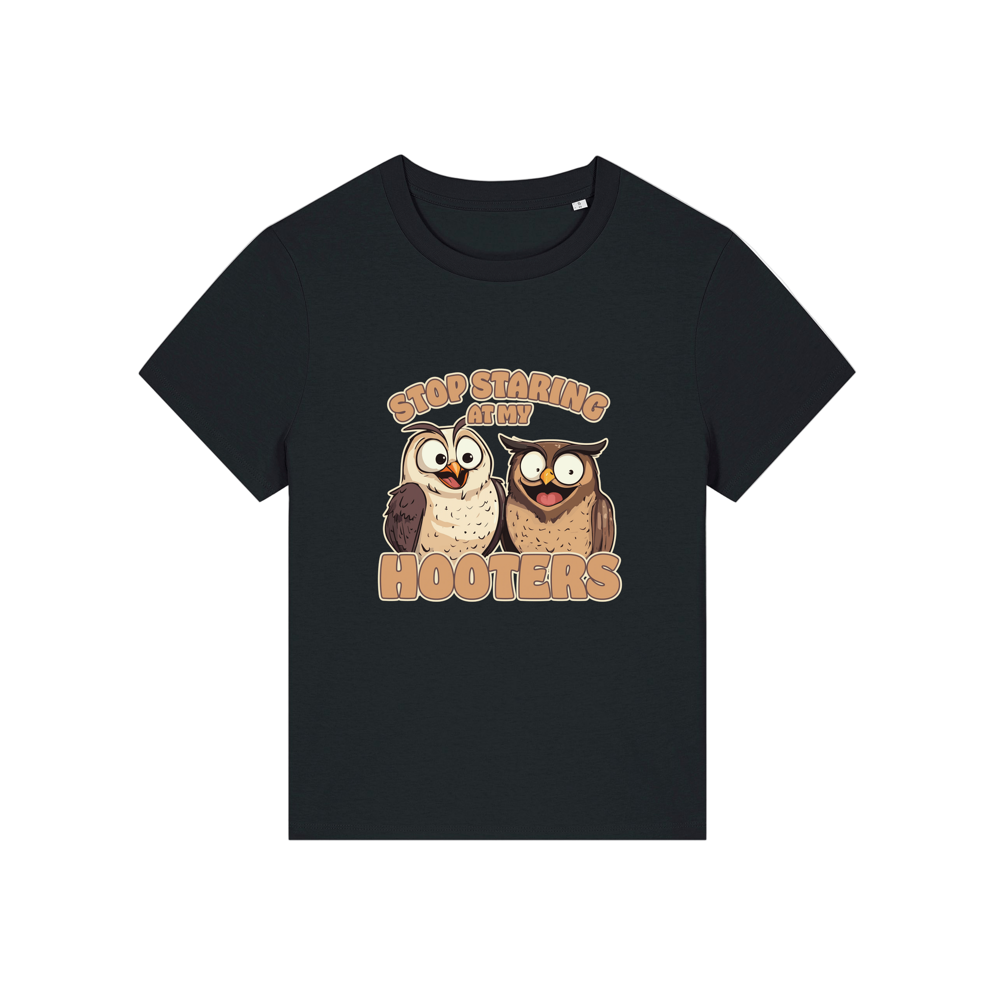 black funny animal t-shirt with the graphic of two owls and the slogan 'stop staring at my hooters'