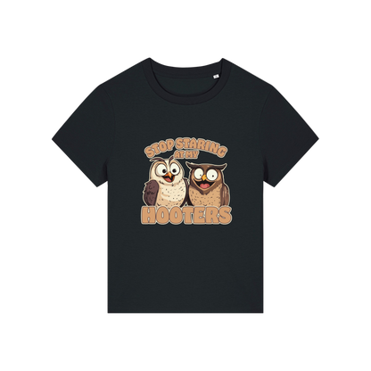black funny animal t-shirt with the graphic of two owls and the slogan 'stop staring at my hooters'