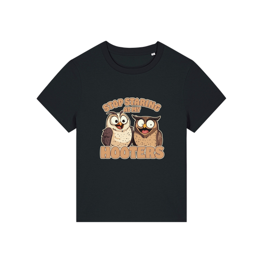 black funny animal t-shirt with the graphic of two owls and the slogan 'stop staring at my hooters'