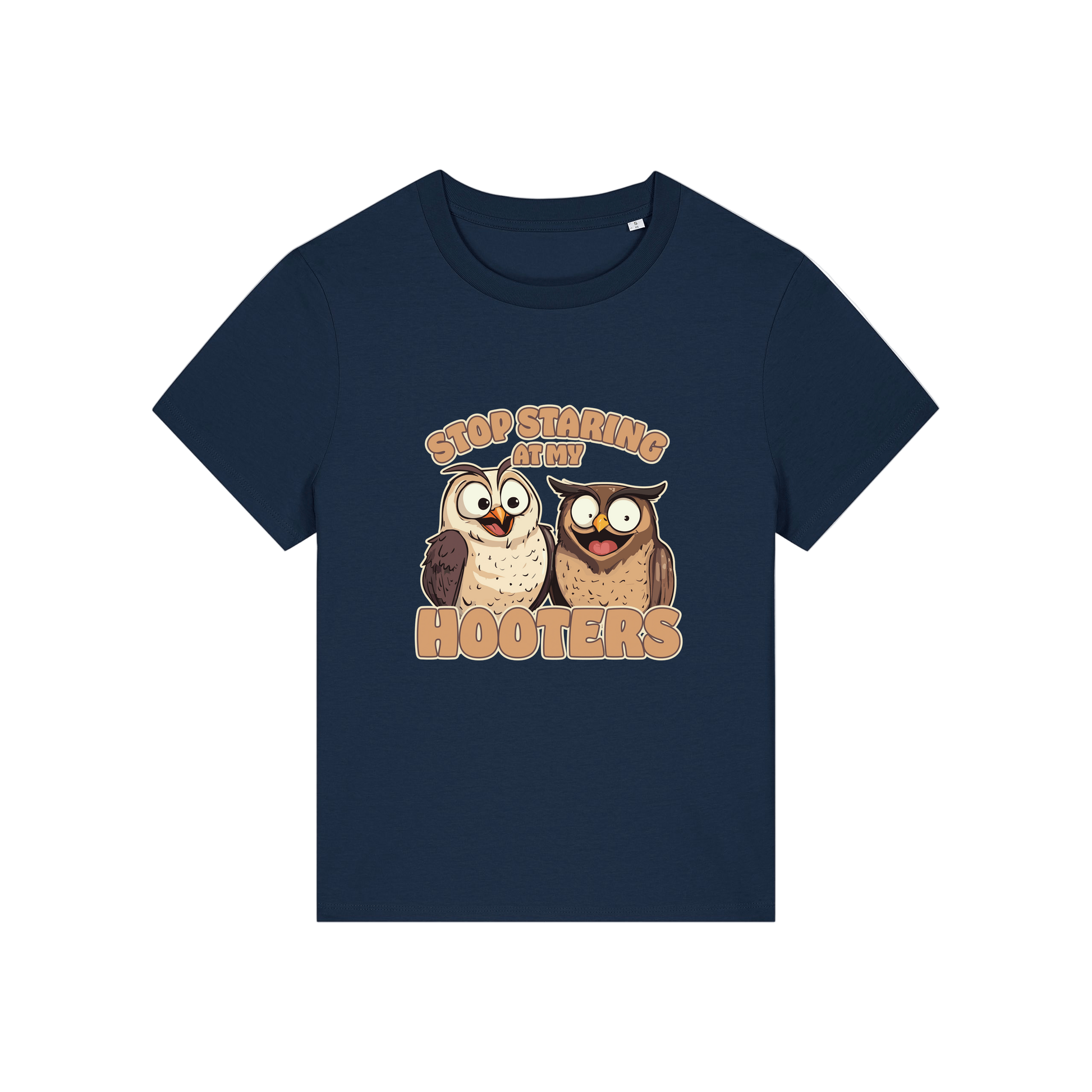 navy funny animal t-shirt with the graphic of two owls and the slogan 'stop staring at my hooters'