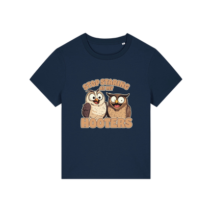 navy funny animal t-shirt with the graphic of two owls and the slogan 'stop staring at my hooters'
