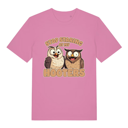 pink women's funny animal t-shirt with the graphic of two owls and the slogan 'stop staring at my hooters'