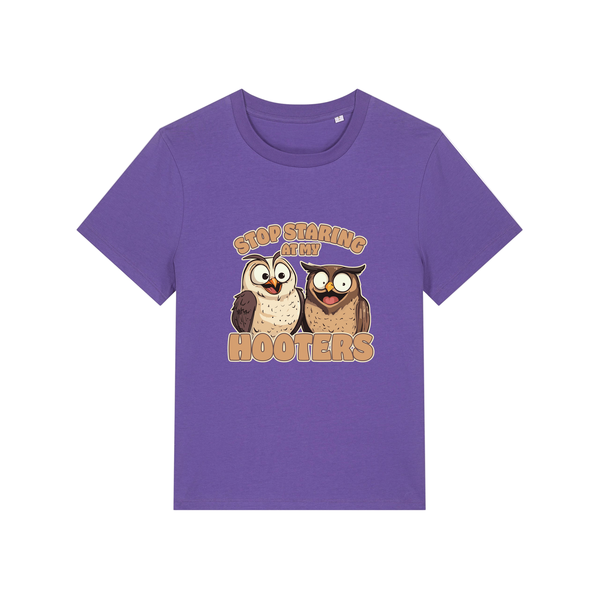 purple funny animal t-shirt with the graphic of two owls and the slogan 'stop staring at my hooters'