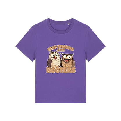 purple funny animal t-shirt with the graphic of two owls and the slogan 'stop staring at my hooters'