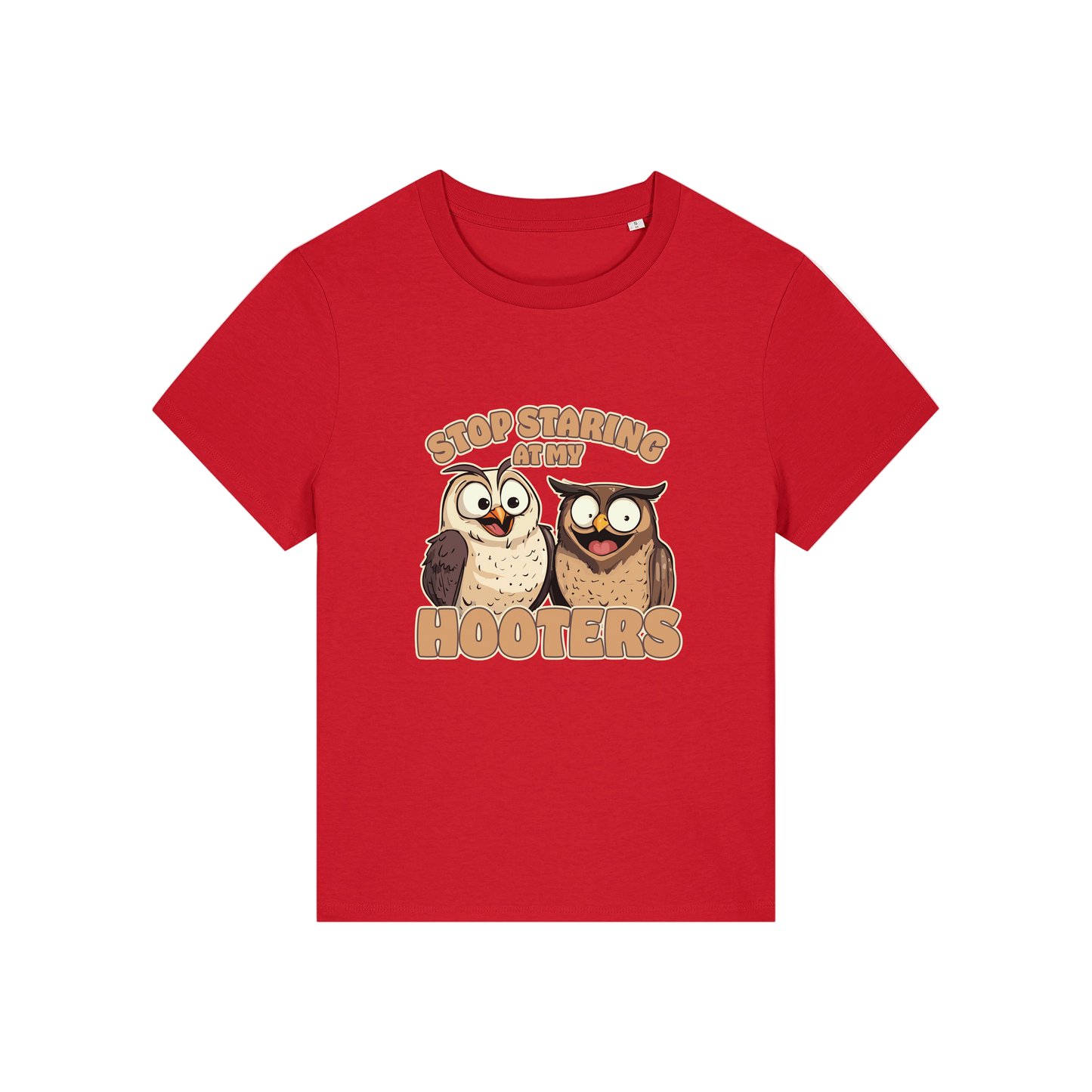 red funny animal t-shirt with the graphic of two owls and the slogan 'stop staring at my hooters'