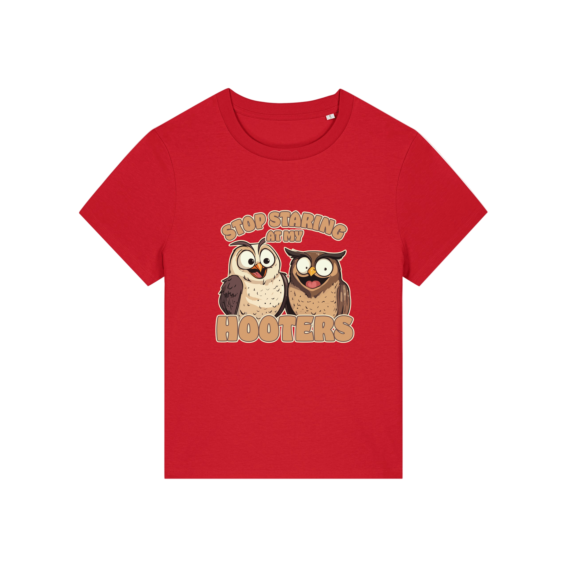 red funny animal t-shirt with the graphic of two owls and the slogan 'stop staring at my hooters'