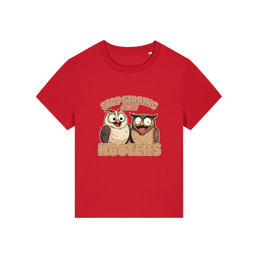 red funny animal t-shirt with the graphic of two owls and the slogan 'stop staring at my hooters'
