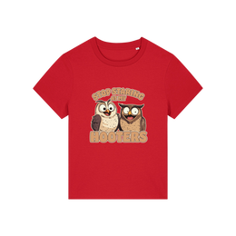 red funny animal t-shirt with the graphic of two owls and the slogan 'stop staring at my hooters'