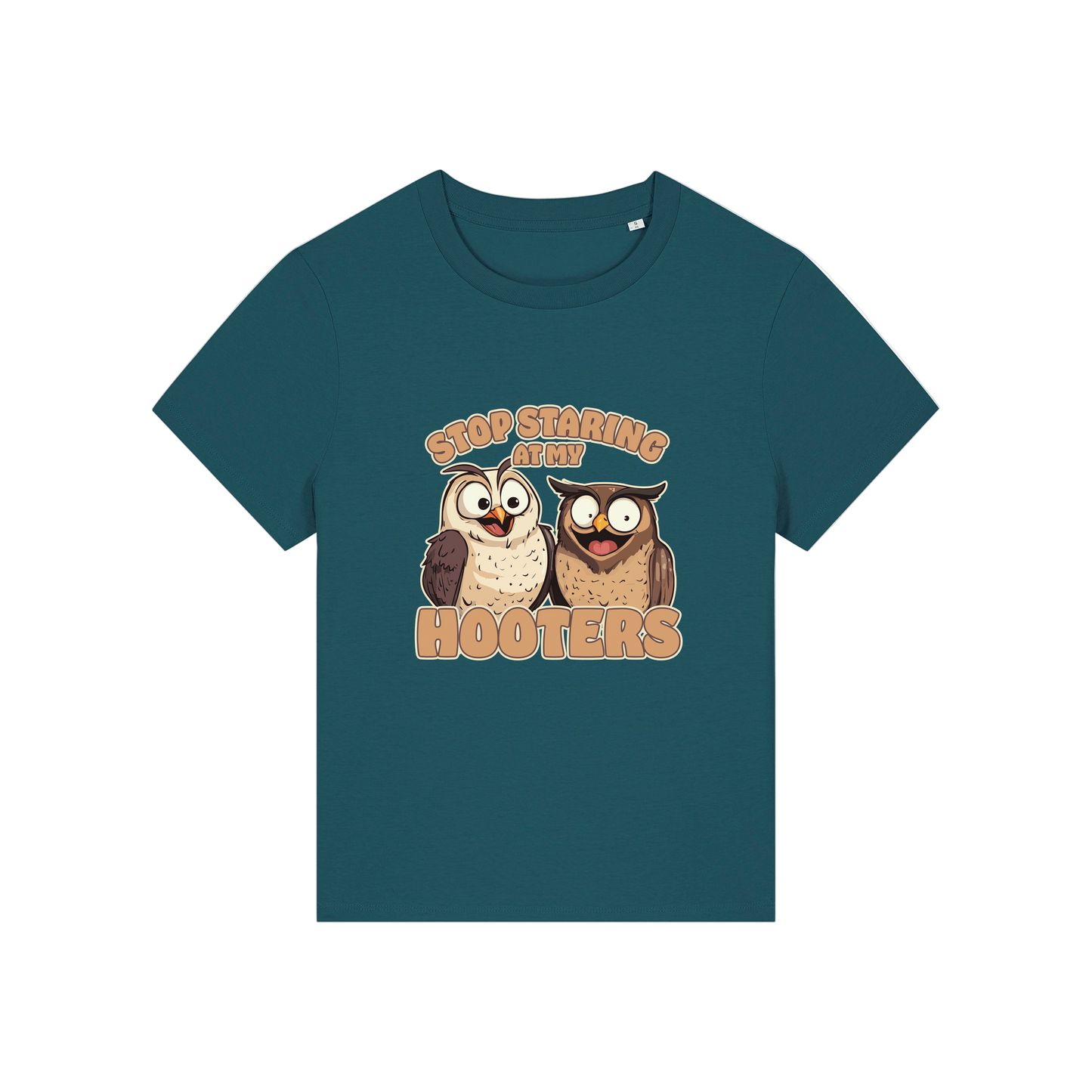 teal funny animal t-shirt with the graphic of two owls and the slogan 'stop staring at my hooters'