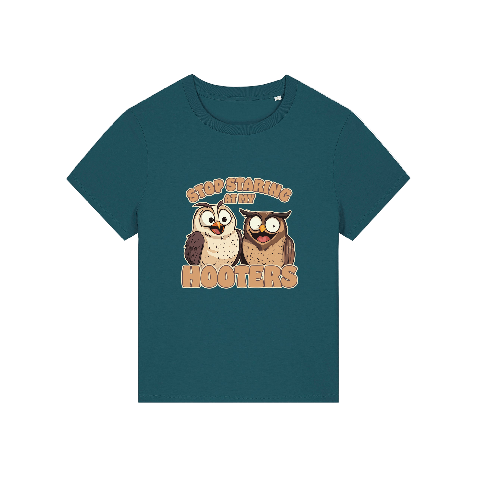 teal funny animal t-shirt with the graphic of two owls and the slogan 'stop staring at my hooters'