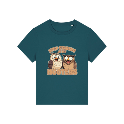 teal funny animal t-shirt with the graphic of two owls and the slogan 'stop staring at my hooters'