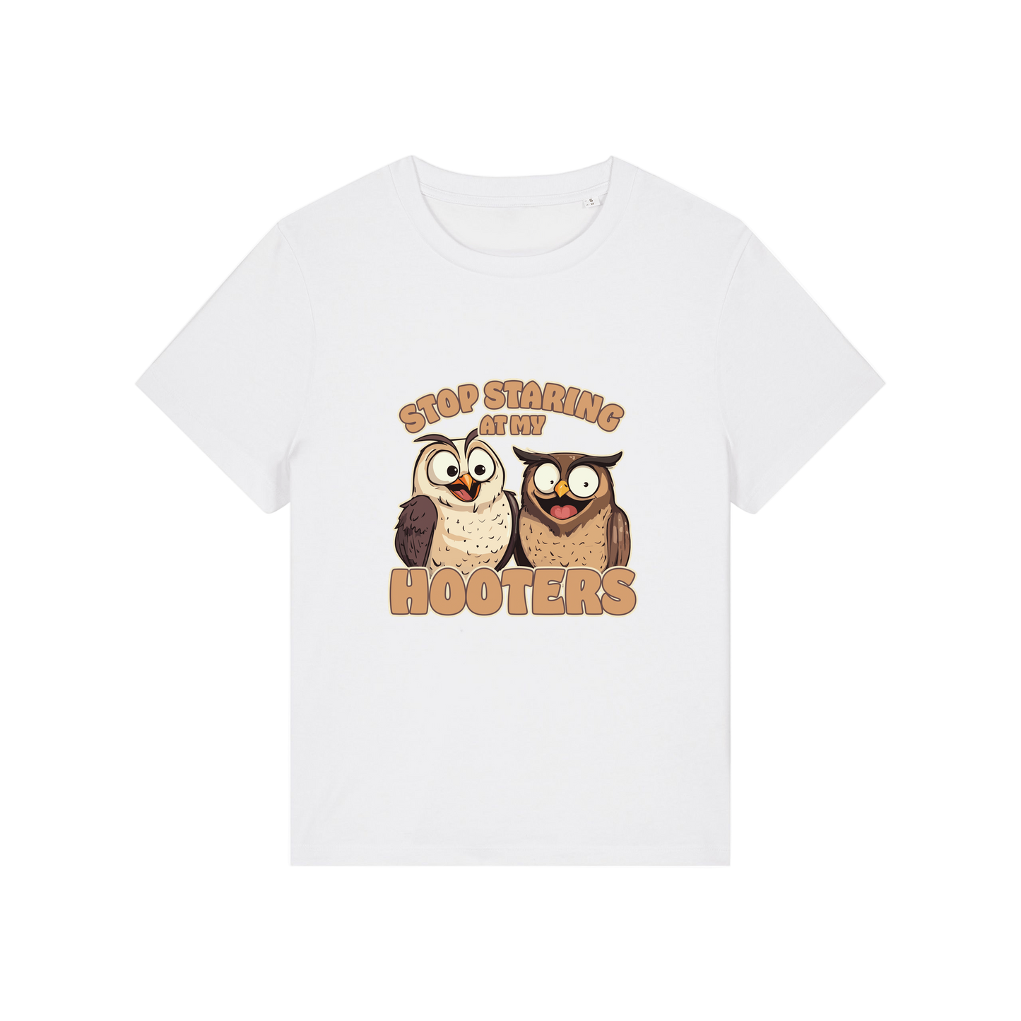 white funny animal t-shirt with the graphic of two owls and the slogan 'stop staring at my hooters'