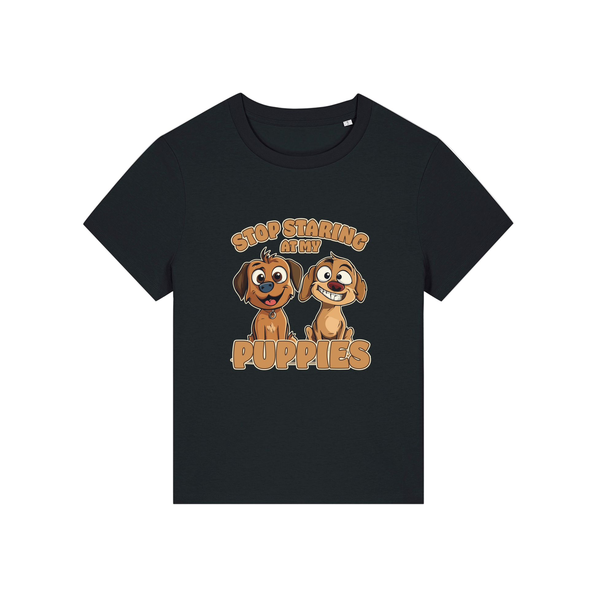 black funny animal t-shirt with the graphic of two puppies and the slogan 'stop staring at my puppies'